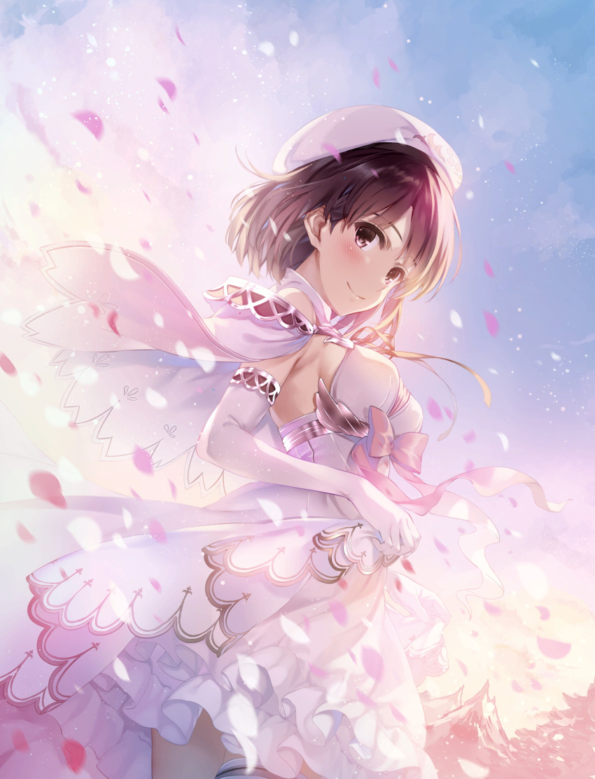 1girl absurdres bangs beret blush bow breasts brown_eyes brown_hair capelet closed_mouth clouds cloudy_sky dress elbow_gloves gloves gradient gradient_sky hat highres katou_megumi looking_at_viewer medium_breasts misaki_kurehito official_art outdoors petals saenai_heroine_no_sodatekata shiny shiny_hair short_dress short_hair skirt_hold sky smile solo white_dress white_gloves