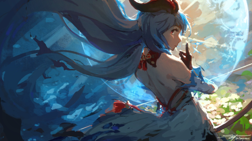 1girl back backlighting bare_shoulders black_gloves black_horns blue_hair bow_(weapon) closed_mouth cropped dated detached_sleeves dress flower ganyu_(genshin_impact) genshin_impact gloves goat_horns highres holding holding_bow_(weapon) holding_weapon horns light_blue_hair long_hair looking_at_viewer looking_back red_eyes signature solo torn torn_clothes torn_dress very_long_hair weapon white_dress white_flower zeniyan