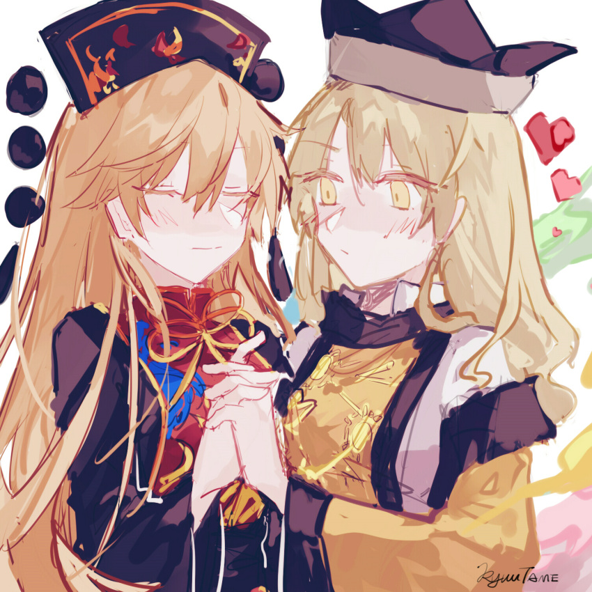 2girls bangs black_dress black_headwear black_sleeves blush brown_headwear chinese_clothes closed_eyes closed_mouth crescent dress eyebrows_visible_through_hair eyes_visible_through_hair hair_between_eyes hands_together heart highres junko_(touhou) kyuutame long_hair long_sleeves looking_at_another matara_okina multiple_girls orange_sleeves pom_pom_(clothes) simple_background sun_symbol touhou white_background yellow_neckwear yuri