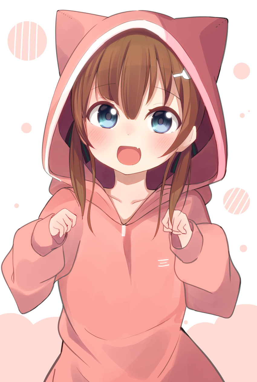1girl :d absurdres animal_ears animal_hood bangs blue_eyes blush brown_hair cat_ears cat_hood commentary_request eyebrows_visible_through_hair fake_animal_ears fang hair_between_eyes hands_up heart highres hololive hood hood_up hoodie long_sleeves looking_at_viewer natsuiro_matsuri okota_mikan open_mouth pink_hoodie puffy_long_sleeves puffy_sleeves sleeves_past_wrists smile solo virtual_youtuber white_background