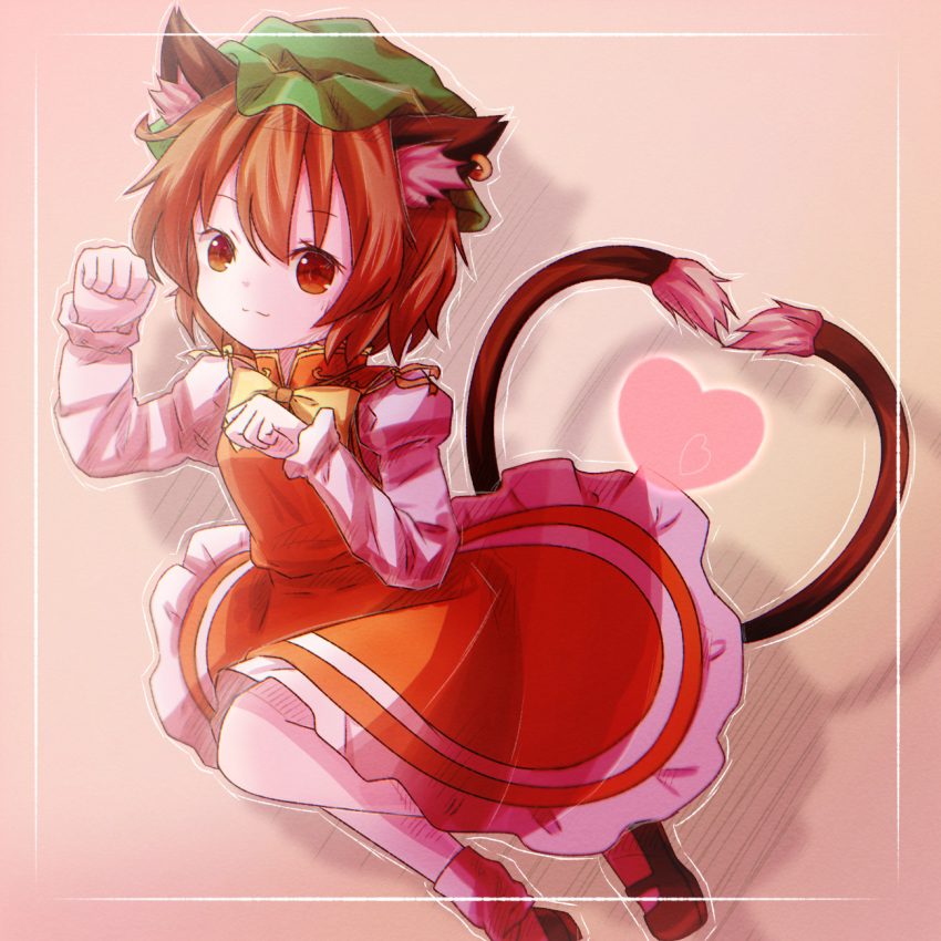 1girl :3 animal_ears bow bowtie breasts brown_eyes brown_hair cat_ears cat_tail chen dress foot_out_of_frame hat heart heart_tail highres jewelry karamaru626 looking_at_viewer mob_cap multiple_tails nekomata paw_pose red_dress short_hair single_earring small_breasts solo tail touhou two_tails yellow_neckwear