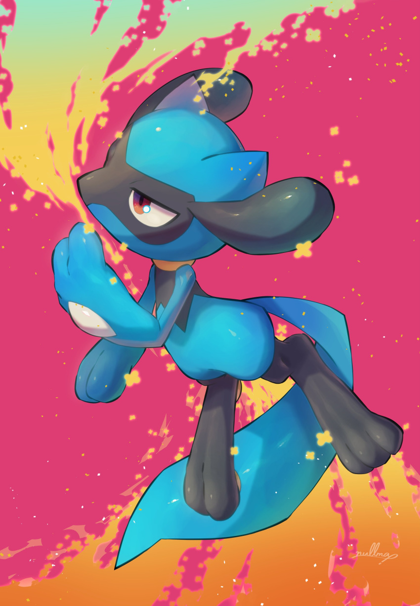 absurdres brown_eyes creature full_body gen_4_pokemon highres no_humans nullma pink_background pokemon pokemon_(creature) riolu shiny signature solo toes