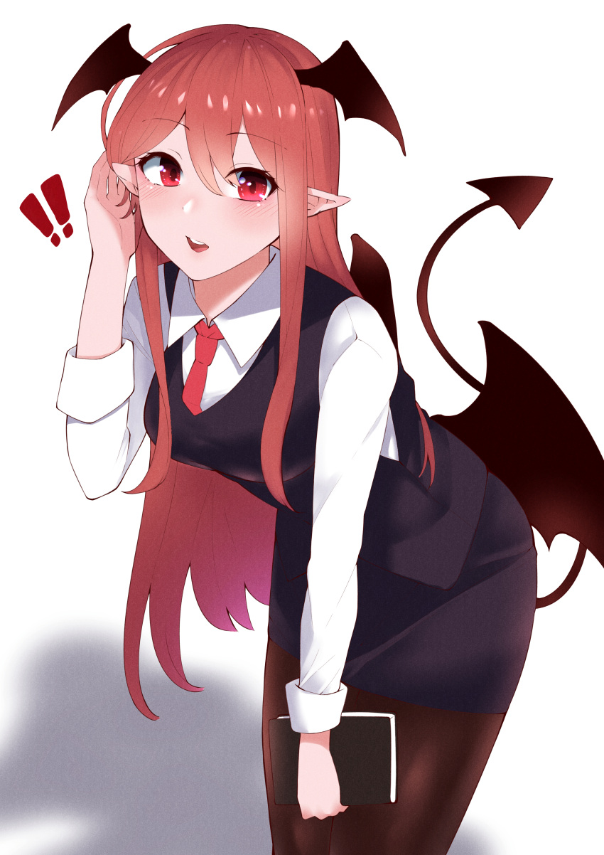 ! !! 1girl absurdres bat_wings black_skirt black_vest demon_tail head_wings highres keenii_(kenny86) koakuma leaning_forward long_hair necktie pantyhose pointy_ears red_eyes redhead skirt solo tail touhou very_long_hair vest wings