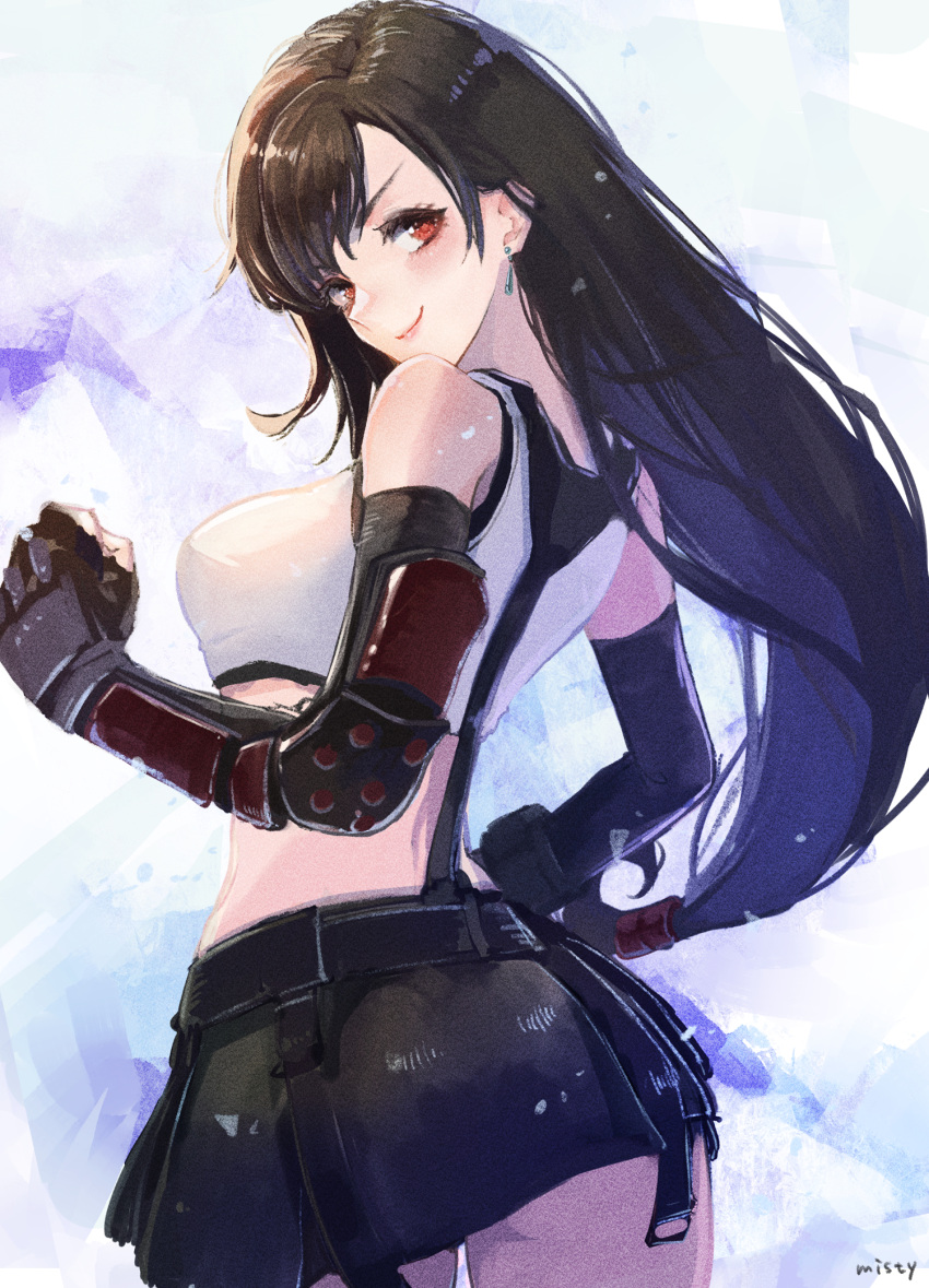 1girl artist_name bangs black_gloves black_skirt breasts brown_hair clenched_hand crop_top detached_sleeves earrings elbow_pads final_fantasy final_fantasy_vii final_fantasy_vii_remake fingerless_gloves from_behind gloves highres jewelry long_hair looking_back low-tied_long_hair medium_breasts misty_cj red_eyes skirt smile solo suspender_skirt suspenders tank_top tifa_lockhart white_tank_top