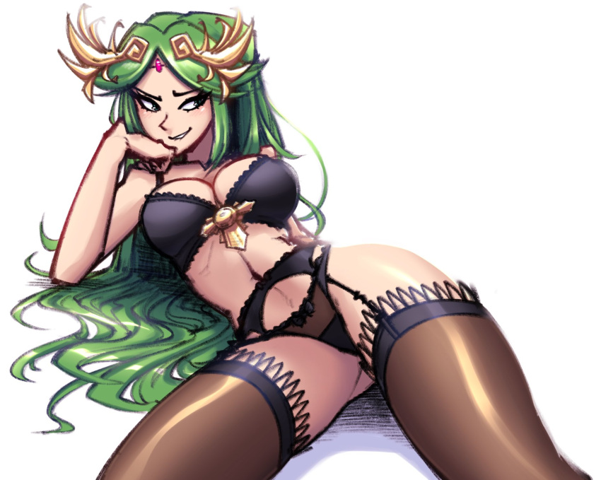 1girl black_bra black_panties bra breasts brown_legwear cowboy_shot gingrjoke green_hair highres kid_icarus large_breasts long_hair navel palutena panties parted_lips simple_background smile solo thigh-highs underwear underwear_only white_background