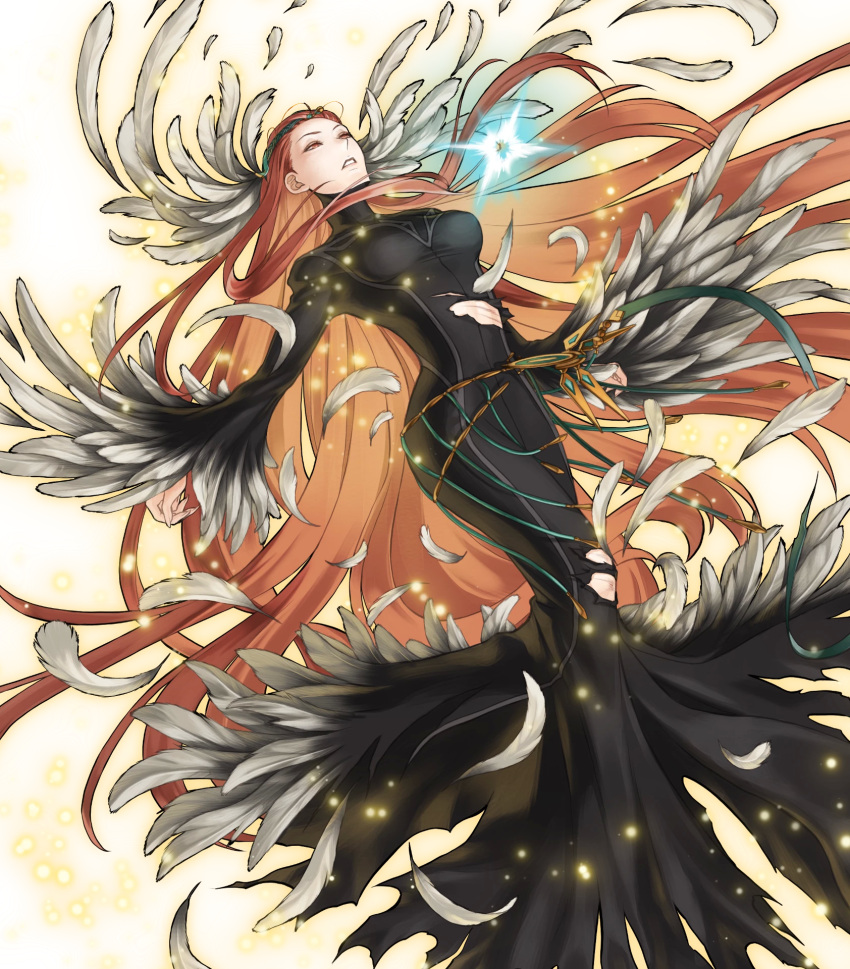 1girl ashera_(fire_emblem) black_dress breasts detached_sleeves dress feather_trim feathers fingernails fire_emblem fire_emblem:_radiant_dawn fire_emblem_heroes gradient gradient_clothes hair_ornament highres jewelry kita_senri light_particles long_dress long_hair long_sleeves medium_breasts official_art parted_lips red_eyes redhead solo torn_clothes transparent_background very_long_hair wide_sleeves