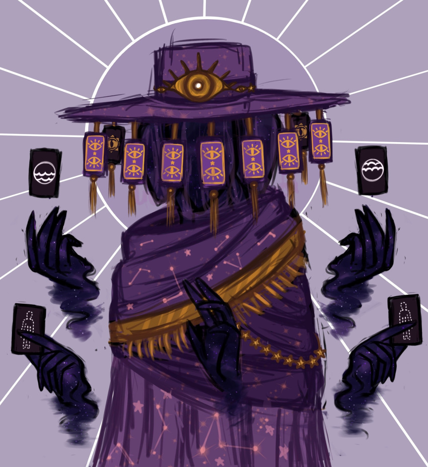 1other blaseball card colored_skin covered_face gold_trim hands hat_ornament highres purple_background purple_headwear purple_robe purple_skin seascraperr simple_background tarot the_reader_(blaseball)