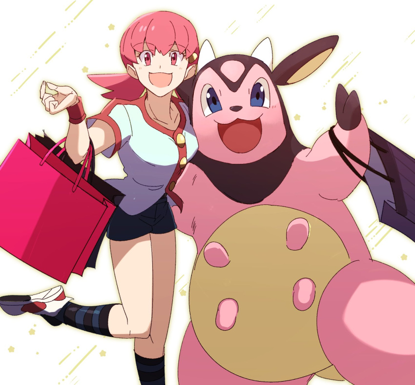 1girl :d bag bangs buttons collarbone commentary_request eyebrows_visible_through_hair eyelashes gen_2_pokemon gym_leader hand_up highres leg_up long_hair looking_at_viewer miltank morio_(poke_orio) open_mouth pink_bag pink_eyes pink_hair pokemon pokemon_(creature) pokemon_(game) pokemon_hgss shoes short_sleeves shorts smile socks striped striped_legwear twintails white_footwear whitney_(pokemon) wristband