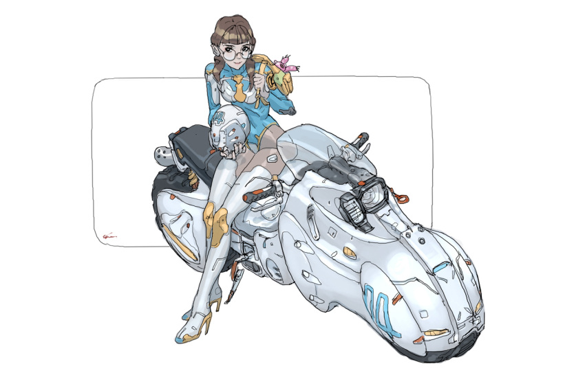 1girl armor backpack bag blue_leotard boots breastplate crotch_plate cyberpunk etama_quomo full_body glasses gloves ground_vehicle headwear_removed helmet helmet_removed high_heel_boots high_heels holding holding_helmet legs_together leotard low_twintails medium_hair motor_vehicle motorcycle on_motorcycle original pantyhose reclining round_eyewear science_fiction solo stiletto_heels symbol_commentary thigh-highs thigh_boots twintails white_background white_footwear