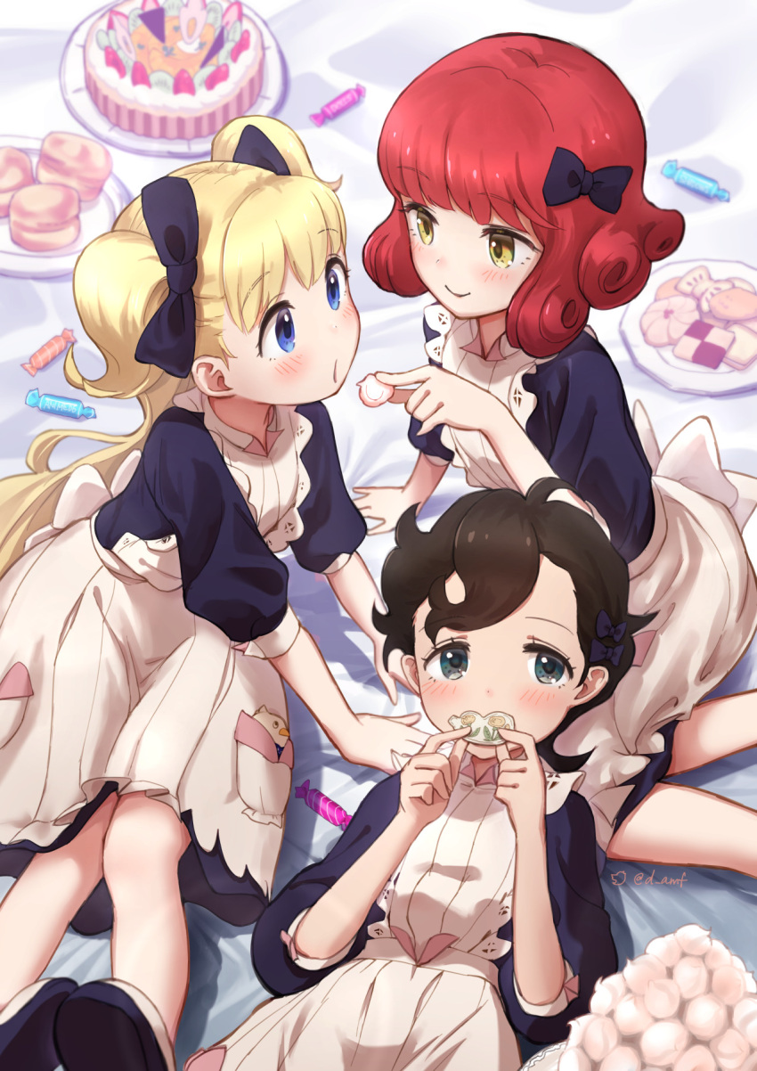 3girls apron black_dress black_hair blonde_hair blue_eyes blush bow cake candy cookie curly_hair dress emilyko food green_eyes hair_bow highres looking_at_another looking_at_viewer lou_(shadows_house) maid_apron multiple_girls ram_(shadows_house) redhead shadows_house shoes twintails user_ppfe5735 yellow_eyes