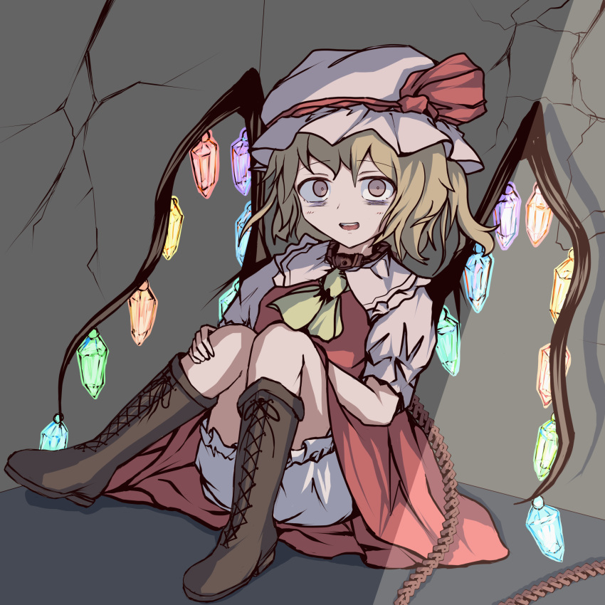1girl against_wall ascot blonde_hair bloomers boots chain chained collar corner cracked_wall cross-laced_footwear dress empty_eyes eyebrows_visible_through_hair flandre_scarlet galm_x_lmr_(ryonasa) hat hat_ribbon highres knee_boots knees_together_feet_apart lace-up_boots mob_cap on_floor red_dress red_eyes ribbon short_hair short_sleeves sitting solo touhou underwear wall white_bloomers wings yellow_neckwear