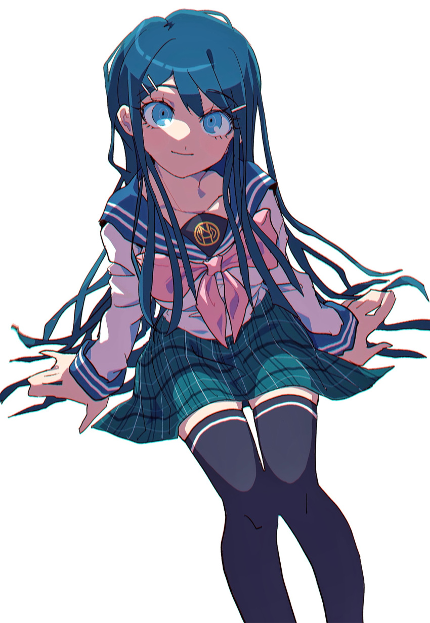 1girl absurdres arm_support arms_at_sides bangs black_legwear blue_eyes blue_hair blue_skirt bow closed_mouth collarbone dangan_ronpa:_trigger_happy_havoc dangan_ronpa_(series) feet_out_of_frame grgrton hair_ornament hairclip highres invisible_chair long_hair long_sleeves looking_at_viewer maizono_sayaka miniskirt pink_bow pink_neckwear plaid plaid_skirt pleated_skirt school_uniform serafuku shirt simple_background sitting skirt smile solo symbol_commentary thigh-highs white_background white_shirt zettai_ryouiki