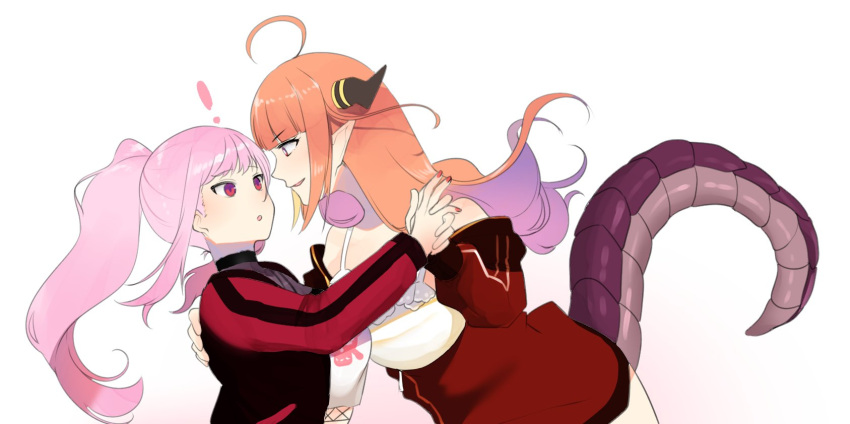 ! 2girls ahoge bangs black_jacket breasts dragon_girl dragon_horns dragon_tail gradient_hair highres holding_hands hololive hololive_english horns isuka jacket kiryu_coco large_breasts mori_calliope multicolored_hair multiple_girls open_mouth orange_hair pink_eyes purple_hair red_eyes red_jacket shirt streaked_hair tail violet_eyes virtual_youtuber white_shirt yuri