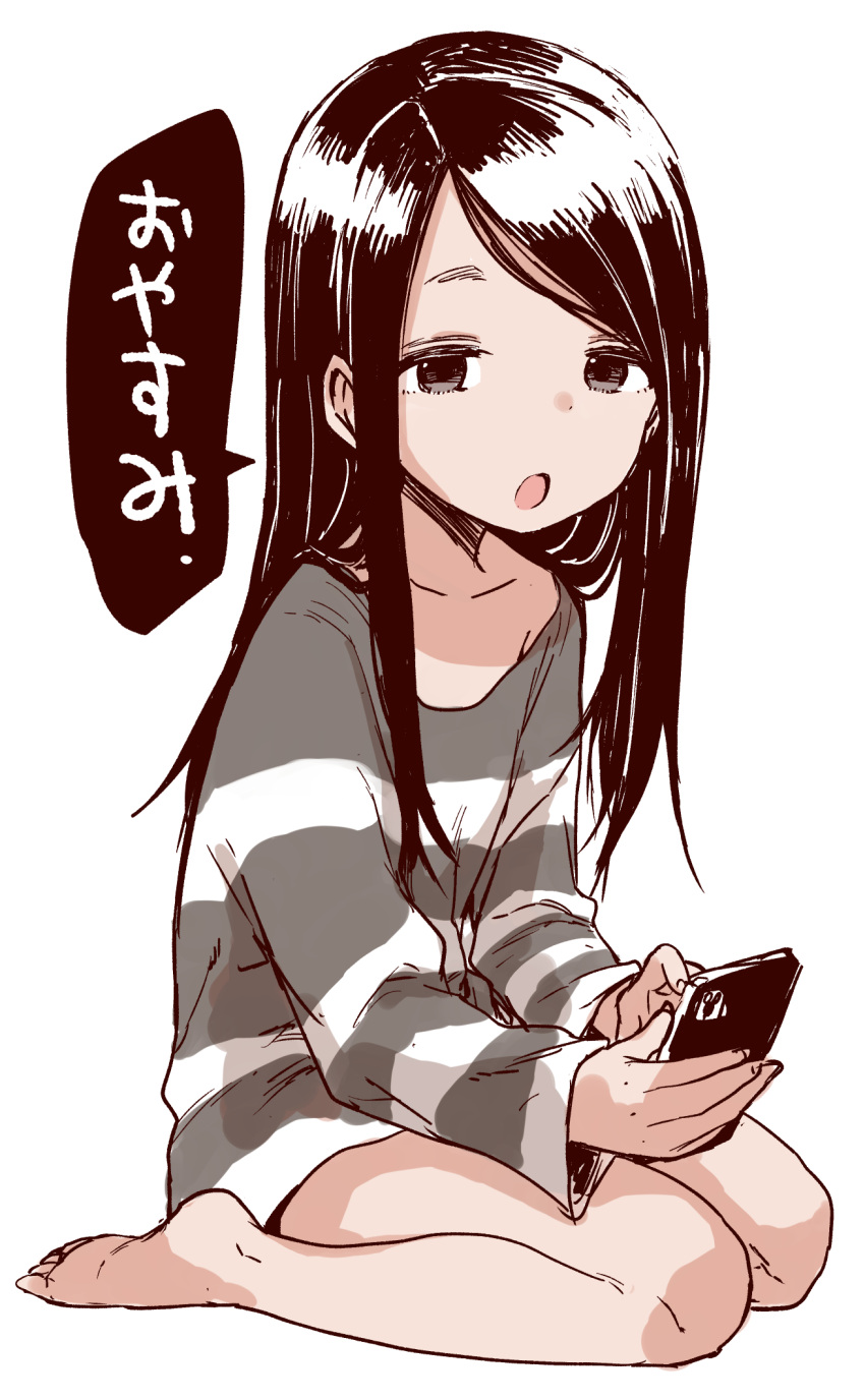 1girl bangs barefoot black_hair cellphone full_body grey_eyes highres holding holding_phone long_hair long_sleeves looking_at_viewer open_mouth original phone shirt simple_background sitting solo striped striped_shirt swept_bangs translated wariza white_background yamamoto_souichirou