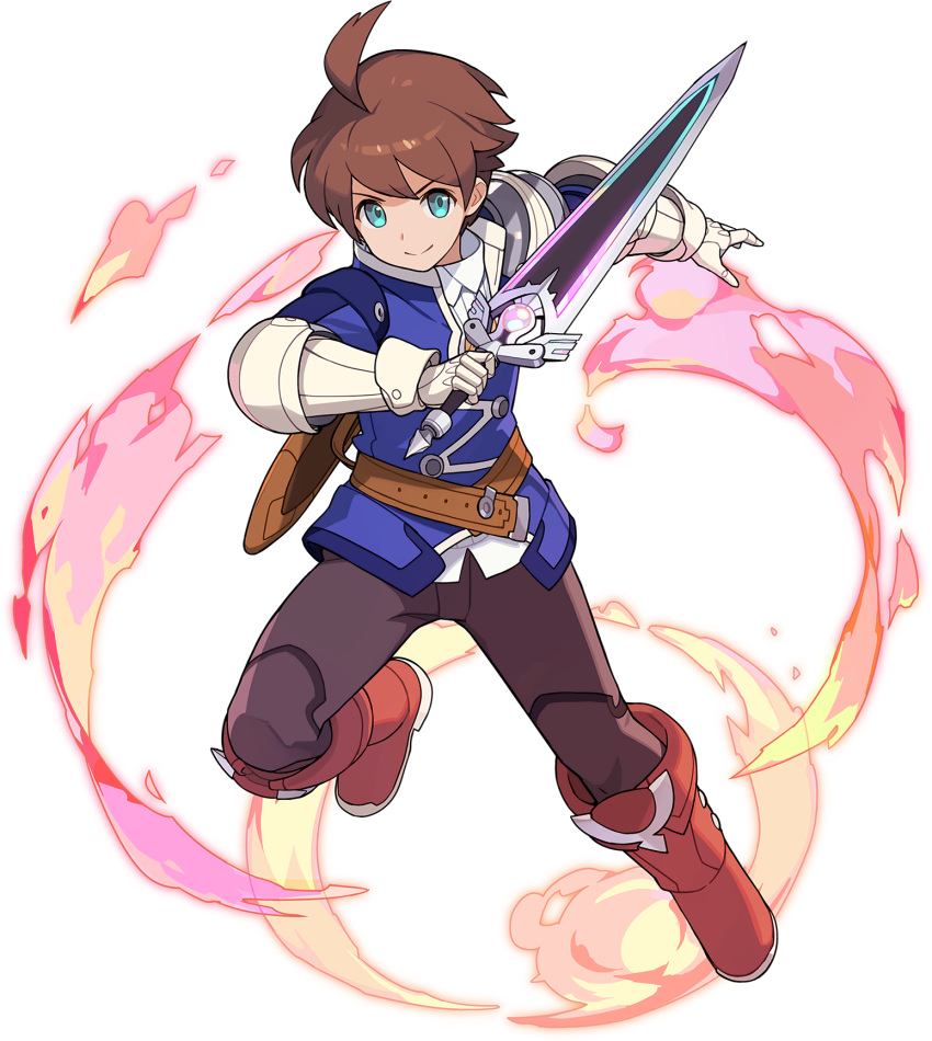 1boy ahoge arc_(world_flipper) arm_up artist_request bangs belt blue_eyes blue_jacket boots brown_hair brown_pants closed_mouth collared_shirt eyebrows_visible_through_hair fire full_body gauntlets gem gloves hand_up happy highres holding holding_sword holding_weapon jacket jumping knee_boots leg_up long_sleeves looking_at_viewer male_focus non-web_source official_art outstretched_arm pants red_footwear sheath shiny shiny_hair shirt short_hair sidelocks smile solo sword transparent_background v-shaped_eyebrows weapon white_gloves white_shirt world_flipper