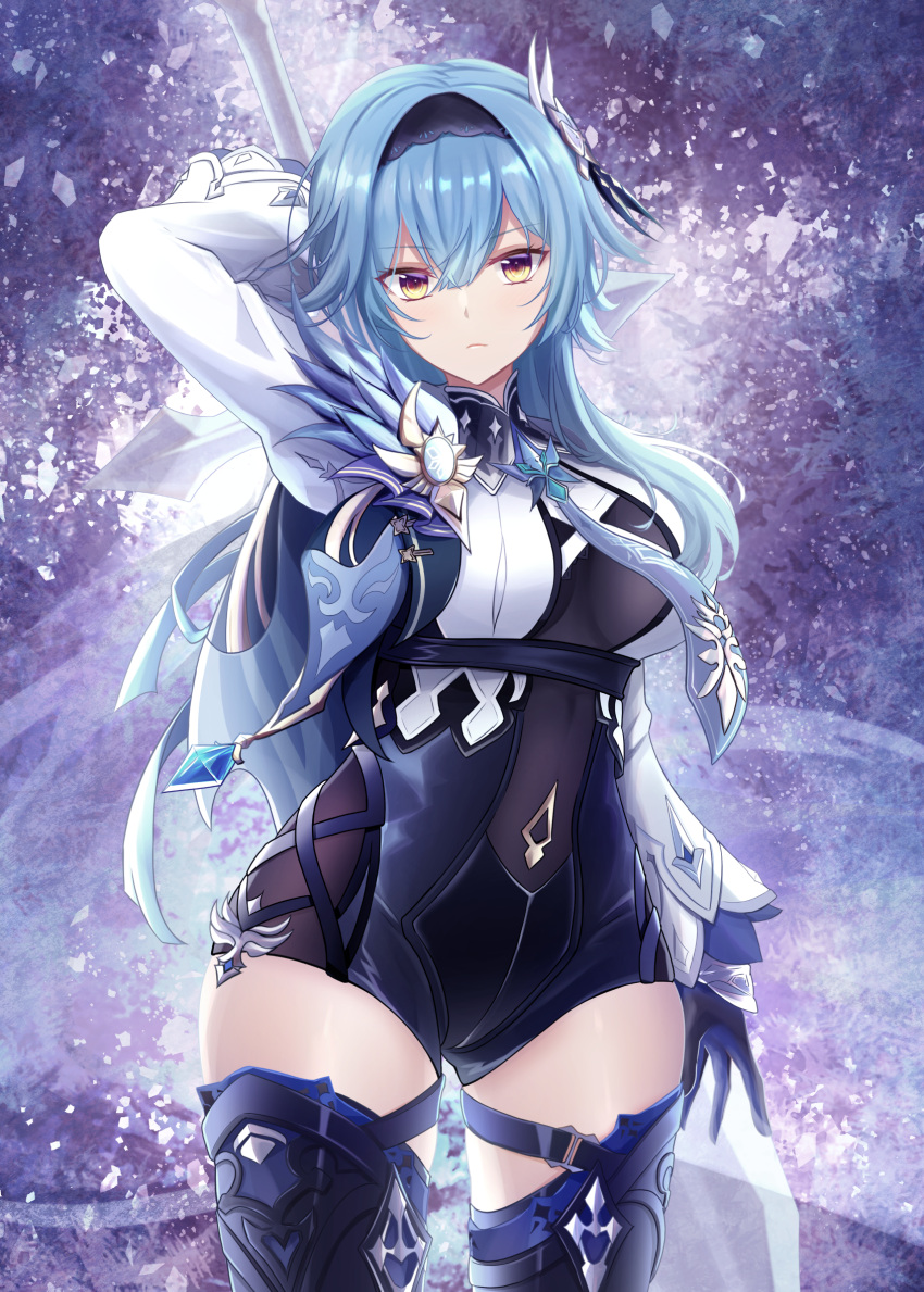 1girl bangs black_gloves black_hairband black_legwear black_leotard blue_cape blue_hair blue_neckwear blush breasts cape eula_lawrence genshin_impact gloves hair_ornament hairband highres large_breasts leotard long_sleeves looking_at_viewer medium_hair mon-chan necktie over_shoulder sidelocks sword thigh-highs thighs weapon weapon_over_shoulder yellow_eyes