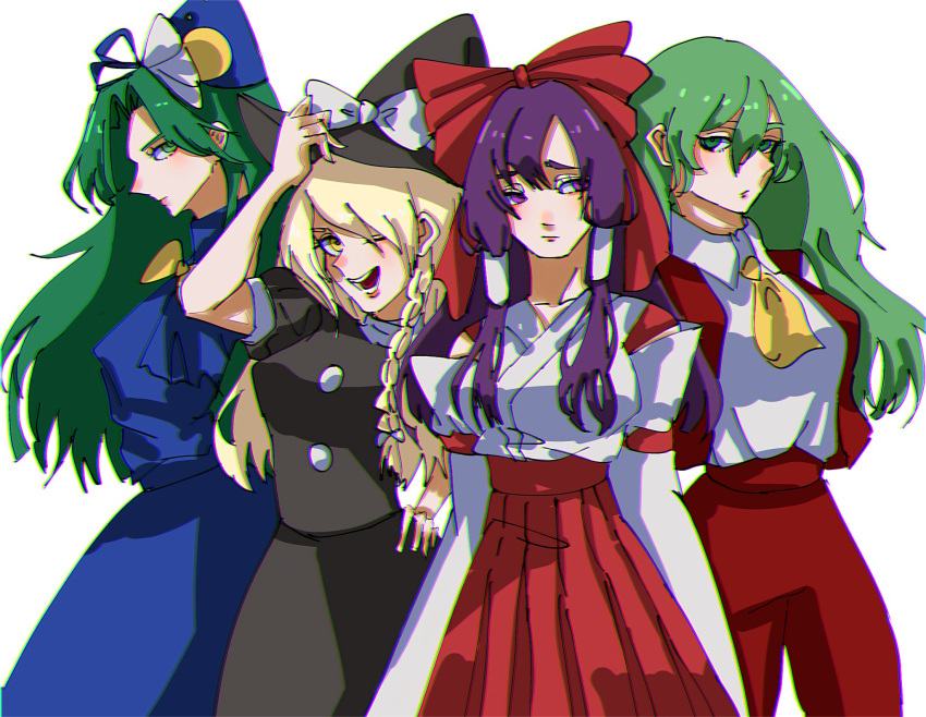 4girls apron ascot black_dress blonde_hair blue_dress bow braid broom buttons detached_sleeves dress green_eyes green_hair hair_bow hair_tubes hakama hakama_skirt hakurei_reimu hakurei_reimu_(pc-98) hat hat_bow hat_iue highres holding holding_clothes holding_hat japanese_clothes kazami_yuuka kazami_yuuka_(pc-98) kimono kirisame_marisa long_hair miko mima_(touhou) multiple_girls pants plaid plaid_pants plaid_vest purple_hair red_bow red_hakama ribbon-trimmed_sleeves ribbon_trim shirt side_braid single_braid sun_print touhou touhou_(pc-98) turtleneck vest violet_eyes waist_apron white_bow white_kimono white_shirt wide_sleeves witch_hat wizard_hat yellow_eyes yellow_neckwear