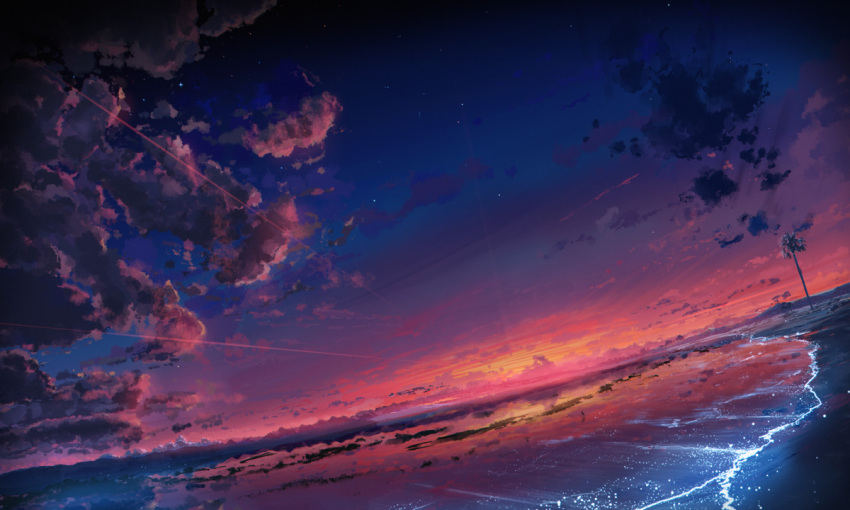beach bioluminescence clouds comiket_92 commentary_request dutch_angle glowing horizon kaminami_yoshitaka no_humans ocean original outdoors palm_tree partial_commentary scenery sky sky_focus star_(sky) starry_sky sunset tree