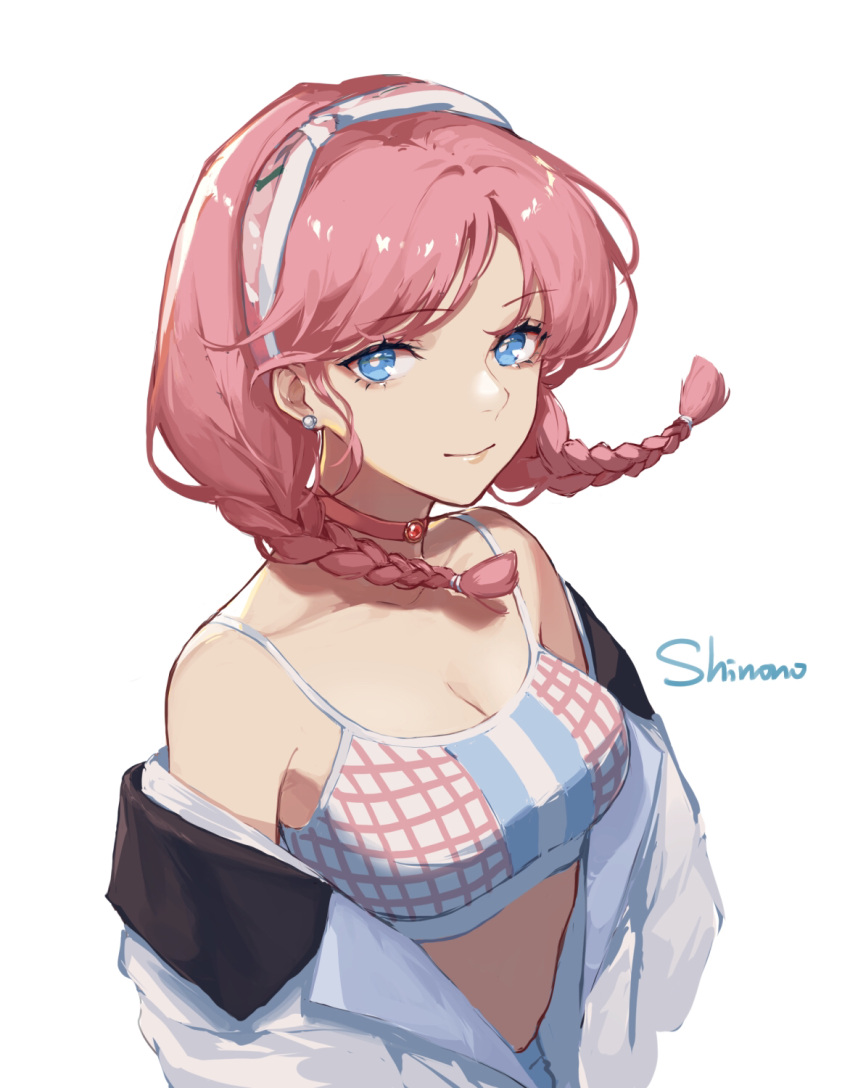 1girl arknights artist_name bangs bare_shoulders blue_eyes blue_poison_(arknights) blue_poison_(shoal_beat)_(arknights) braid camisole choker commentary_request crop_top eyebrows_visible_through_hair hairband highres jacket long_hair midriff off_shoulder open_clothes open_jacket pink_choker pink_hair shinono_(shinono76) signature solo spaghetti_strap sports_bra twin_braids upper_body white_jacket
