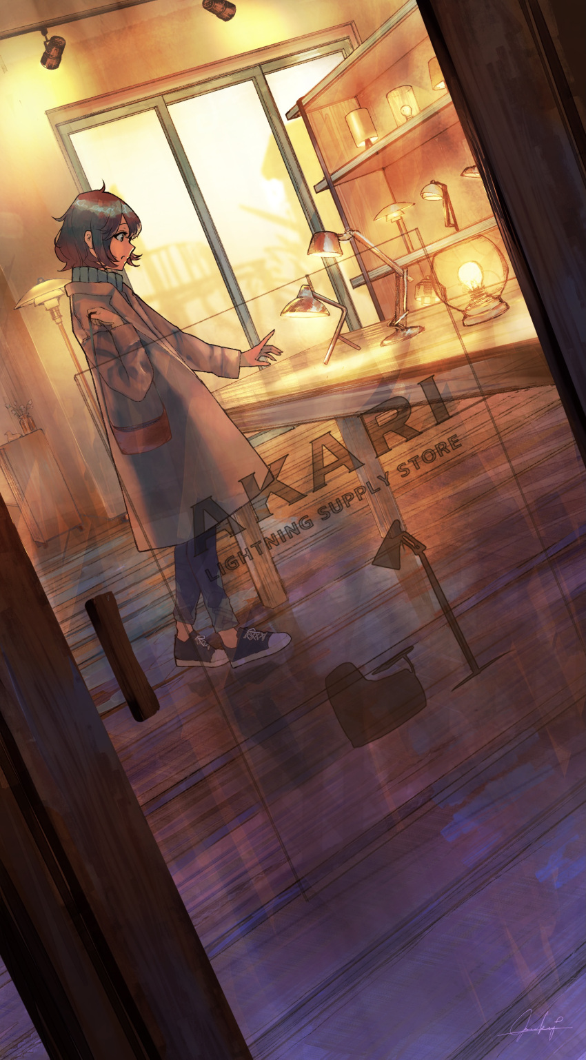 1girl absurdres bag bangs black_footwear brown_hair coat commentary_request day denim door dutch_angle goroku highres indoors lamp lamppost original profile ribbed_sweater scenery shoes shopping short_hair signature solo standing sweater table turtleneck wooden_floor