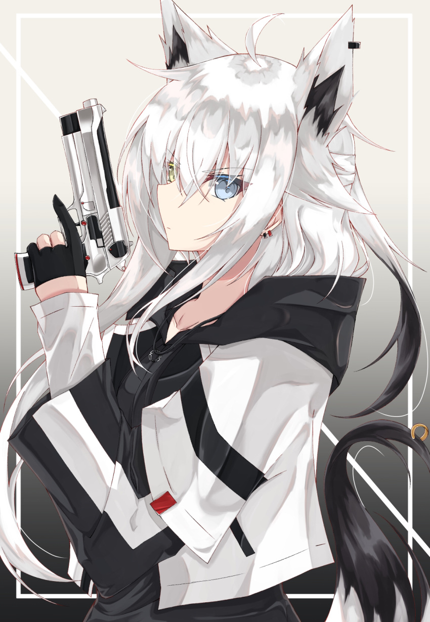 1girl ahoge animal_ears arm_up bangs black_background black_gloves blue_eyes border collarbone commentary_request earrings eyebrows_visible_through_hair fingerless_gloves fox_ears fox_girl fox_tail gloves gradient gradient_background gun hair_between_eyes heterochromia highres holding holding_gun holding_weapon hood hoodie jewelry long_hair long_sleeves looking_at_viewer original sidelocks solo sumishi_(sumisi_3) tail weapon white_background white_hair white_hoodie yellow_eyes