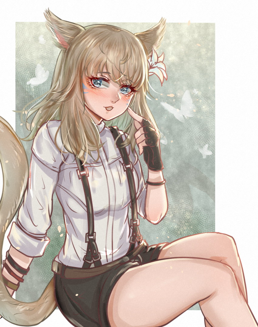 1girl absurdres akira-tama animal_ears bangs black_gloves blonde_hair blue_eyes blush bracelet cat_ears cat_tail eyebrows_visible_through_hair final_fantasy final_fantasy_xiv fingerless_gloves flower gloves hair_flower hair_ornament highres huge_filesize jewelry long_hair looking_at_viewer miqo'te open_mouth shorts sitting sleeves_rolled_up solo suspender_shorts suspenders tail
