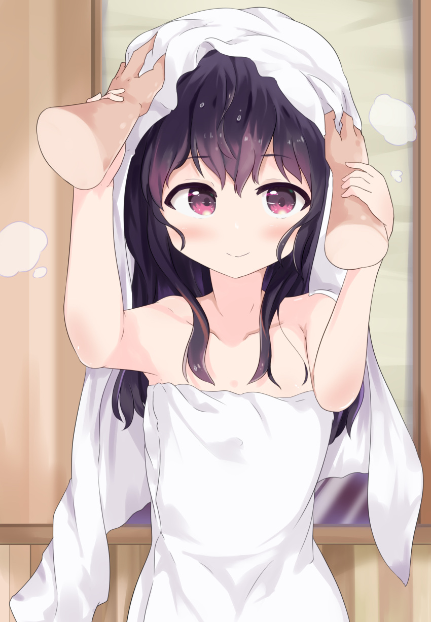 1girl absurdres arms_up bangs black_hair blush closed_mouth collarbone commentary_request disembodied_limb eyebrows_visible_through_hair hair_between_eyes highres indoors long_hair naked_towel numahata_tofu. original purple_hair red_eyes smile solo_focus towel towel_on_head upper_body