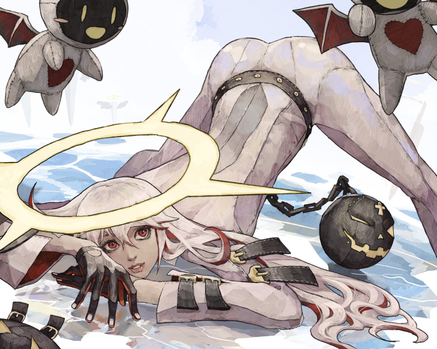 1girl absurdres ass ball_and_chain_restraint belt black_gloves bodysuit clouds cloudy_sky cross gloves guilty_gear guilty_gear_xrd hair_between_eyes halo highres jack-o'_valentine knight_servant looking_at_viewer looking_up mask multicolored_hair red_eyes sky spread_legs subakeye two-tone_hair white_bodysuit