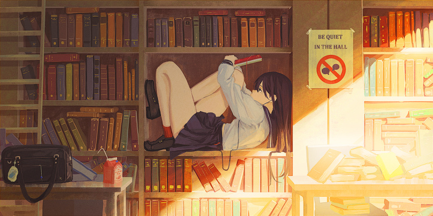 1girl bag bangs black_footwear blue_skirt book brown_hair cable commentary_request dejio earphones english_text from_side full_body highres holding holding_book indoors juice_box library long_hair long_sleeves lying on_back open_book original pleated_skirt reading red_legwear sailor_collar school_uniform serafuku shirt skirt socks solo white_shirt