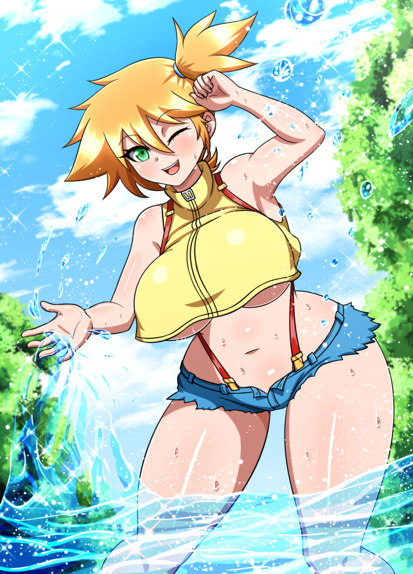 1girl adapted_costume asymmetrical_hair bare_arms bare_legs blush breasts curvy denim denim_shorts green_eyes gym_leader highres huge_breasts large_breasts legs looking_at_viewer midriff misty_(pokemon) navel one_eye_closed open_mouth orange_hair pokemon pokemon_(game) pokemon_rgby ponytail shirt short_hair short_shorts shorts side_ponytail smile solo suspenders tank_top thick_thighs thighs tied_hair under_boob water wet wide_hips yellow_shirt yellow_tank_top yensh
