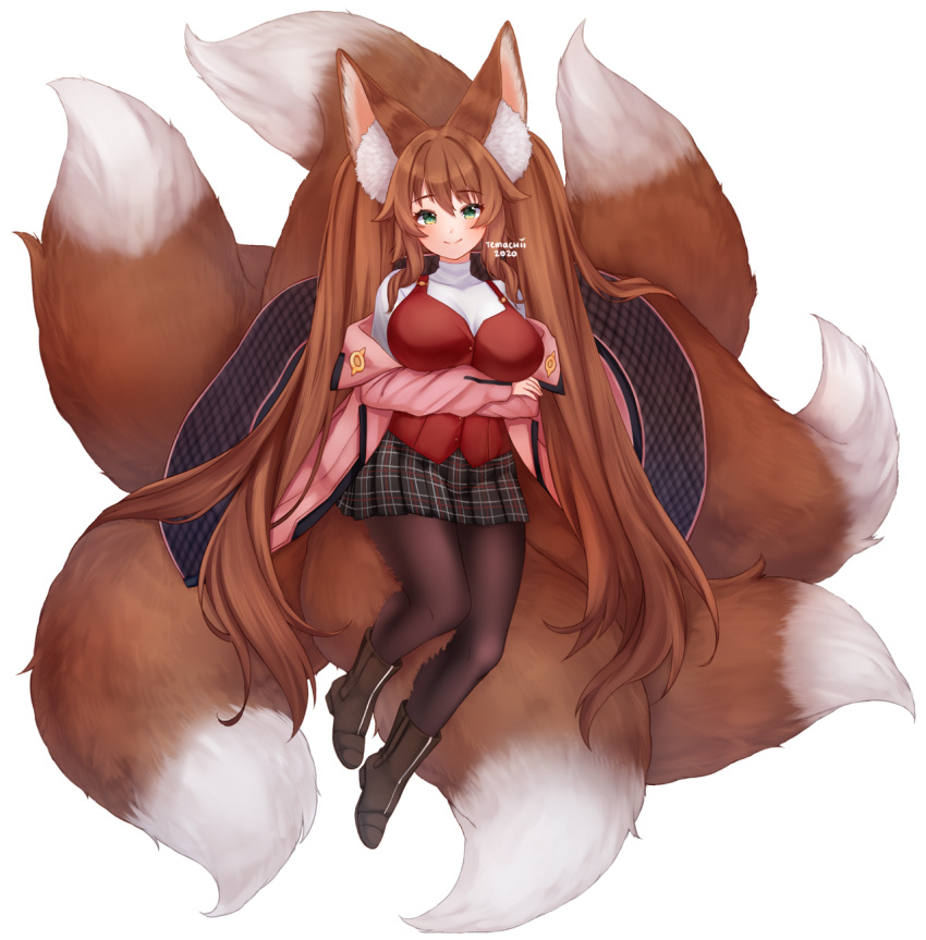 1girl animal_ear_fluff animal_ears black_skirt blush boots breasts brown_footwear brown_hair brown_legwear closed_mouth crossed_arms dated fluffy fox_ears fox_tail full_body green_eyes highres jacket large_breasts long_hair long_sleeves looking_at_viewer miniskirt multiple_tails off_shoulder original pantyhose pink_jacket plushmallow red_vest shirt signature simple_background skirt smile solo tail temachii transparent_background twintails very_long_hair vest white_background white_shirt