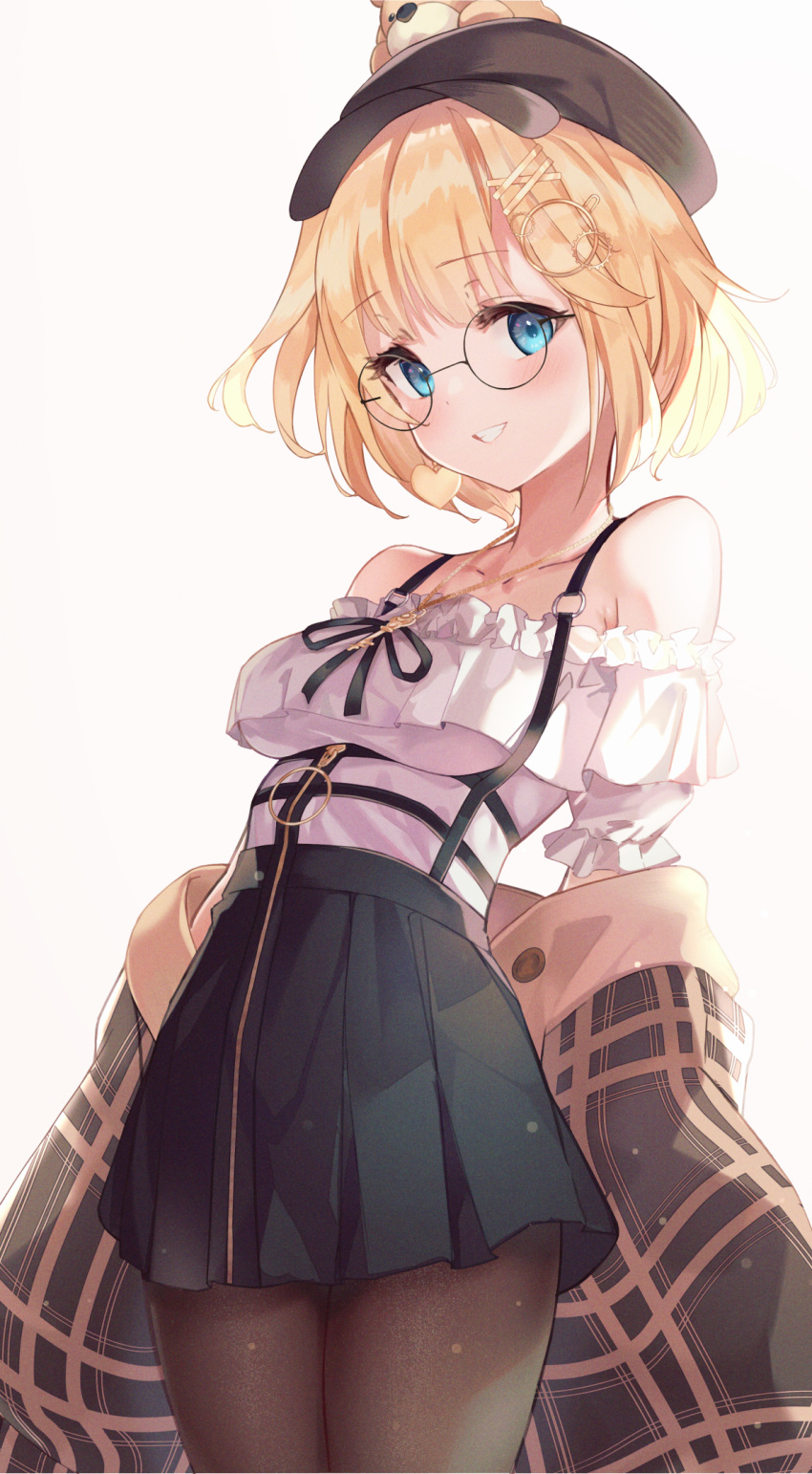 1girl :d animal_on_head bangs bare_shoulders black_headwear black_skirt blonde_hair blue_eyes blush breasts brown_jacket brown_legwear bubba_(watson_amelia) collarbone cowboy_shot dog earrings eyebrows_visible_through_hair glasses grin hair_ornament hairclip heart heart_earrings high-waist_skirt highres hololive hololive_english jacket jewelry key_necklace kyaroru medium_breasts monocle_hair_ornament off-shoulder_shirt off_shoulder on_head open_clothes open_jacket open_mouth pantyhose plaid_jacket round_eyewear shirt short_hair simple_background skirt smile virtual_youtuber watson_amelia white_background white_shirt x_hair_ornament zipper_pull_tab