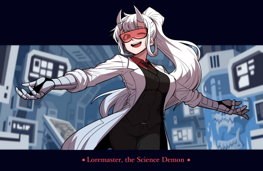 1girl :d absurdres bangs black_pants blurry blurry_background breasts character_name demon_girl demon_tail earrings gigle helltaker highres horns indoors jewelry labcoat large_breasts letterboxed long_hair loremaster_(helltaker) necktie one_eye_closed open_mouth outstretched_arms pants ponytail red_shirt shirt skull smile solo spread_arms sunglasses tail upper_teeth white_hair white_horns