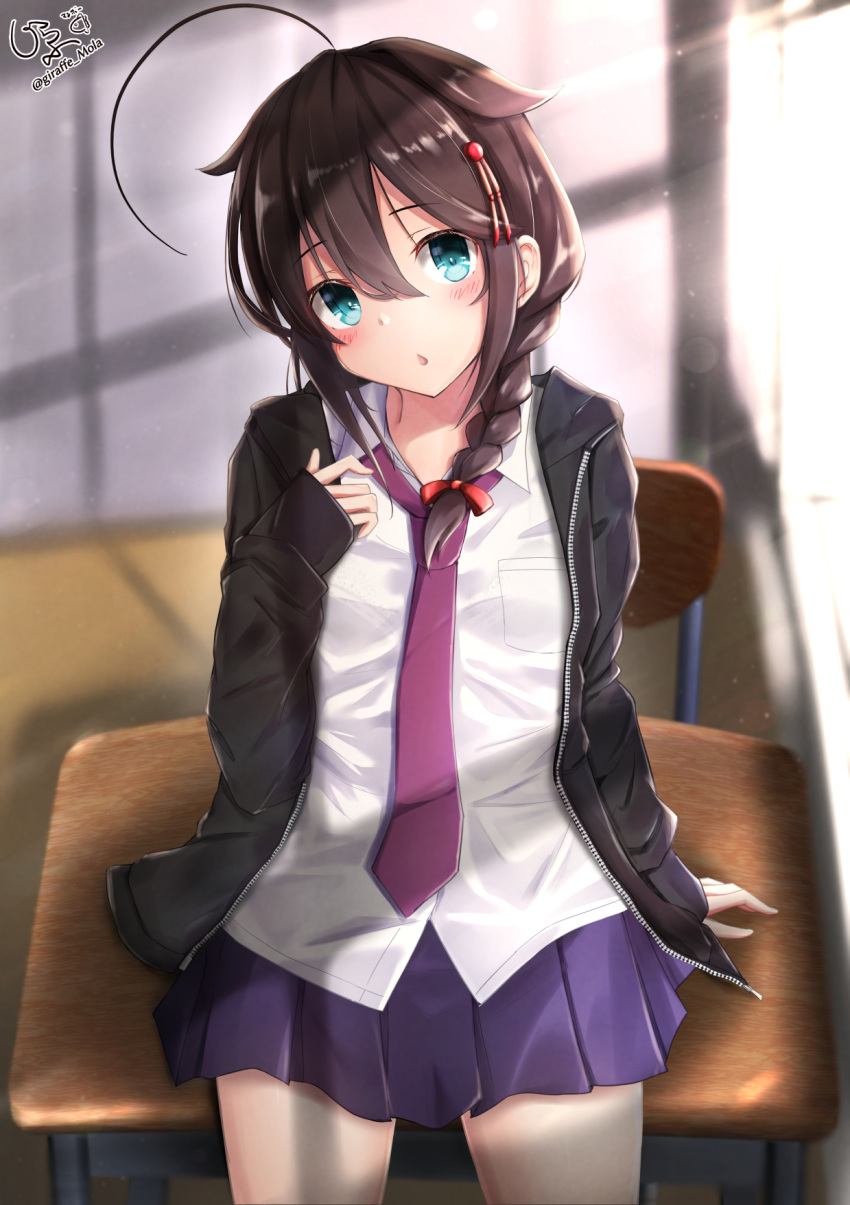 1girl arm_behind_back black_jacket blue_eyes blue_skirt blush bow braid breasts brown_hair classroom collared_shirt cowboy_shot day desk giraffe_(ilconte) hair_between_eyes hair_bow hair_flaps hair_ornament hair_over_shoulder hairpin hand_up head_tilt highres indoors jacket kantai_collection long_hair long_sleeves looking_at_viewer medium_breasts mixed-language_commentary necktie open_clothes open_jacket open_mouth pleated_skirt purple_neckwear red_bow school_desk shigure_(kancolle) shirt single_braid sitting sitting_on_table skirt solo sunlight unzipped white_shirt