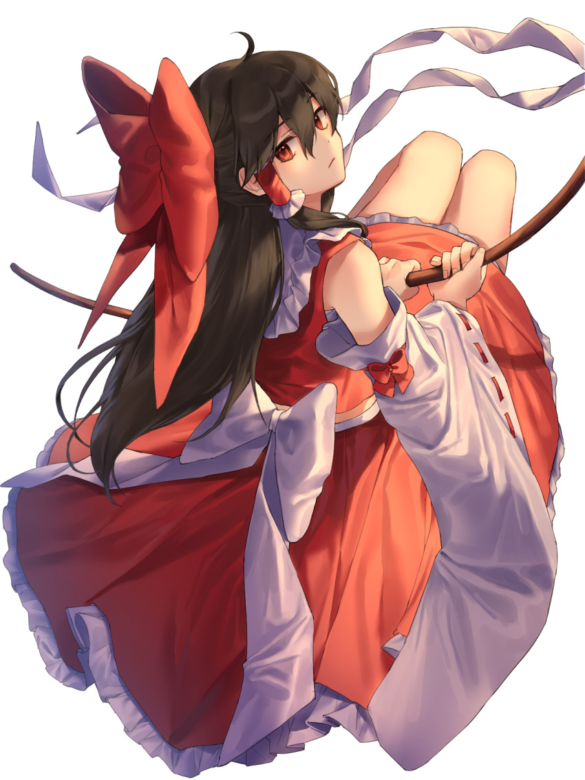 1girl ahoge bow brown_hair cheunes detached_sleeves frilled_skirt frills gohei hair_bow hair_tubes hakurei_reimu highres long_hair long_skirt red_bow red_eyes red_skirt red_vest skirt skirt_set solo touhou very_long_hair vest white_background white_bow wide_sleeves