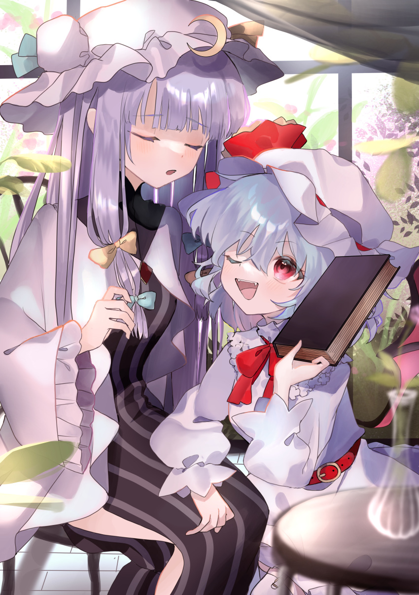 2girls absurdres bangs belt blue_hair blunt_bangs blurry blurry_foreground blush book closed_eyes crescent_moon dress fangs frilled_sleeves frills hair_ribbon hat hat_ribbon highres huge_filesize mob_cap moon multiple_girls omodaka_romu one_eye_closed open_mouth patchouli_knowledge plant puffy_sleeves purple_hair red_eyes red_ribbon remilia_scarlet ribbon solo striped striped_dress table touhou tress_ribbon vertical-striped_dress vertical_stripes white_headwear wide_sleeves
