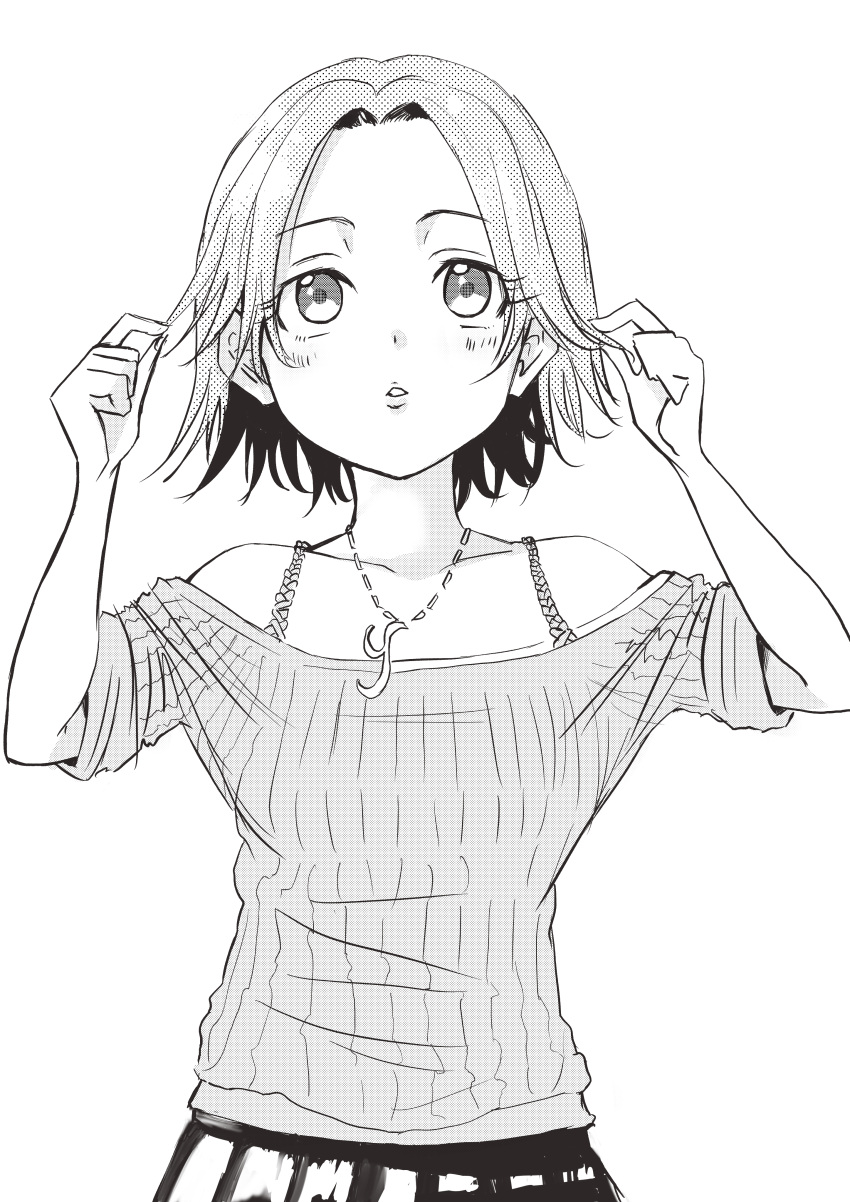 1girl absurdres bangs character_request collarbone greyscale highres idolmaster idolmaster_cinderella_girls jewelry medium_hair monochrome necklace nikumaru off-shoulder_shirt off_shoulder parted_bangs parted_lips ribbed_shirt shirt skirt solo upper_body