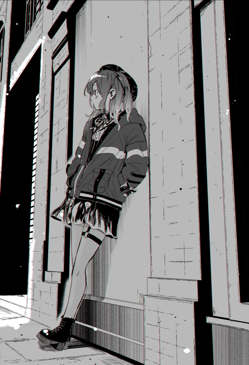 1girl absurdres against_wall boots chromatic_aberration duplicate full_body greyscale hands_in_pockets hat highres hololive hood hoshimachi_suisei jacket legband looking_to_the_side miniskirt monochrome nikumaru one_side_up pixel-perfect_duplicate skirt solo virtual_youtuber