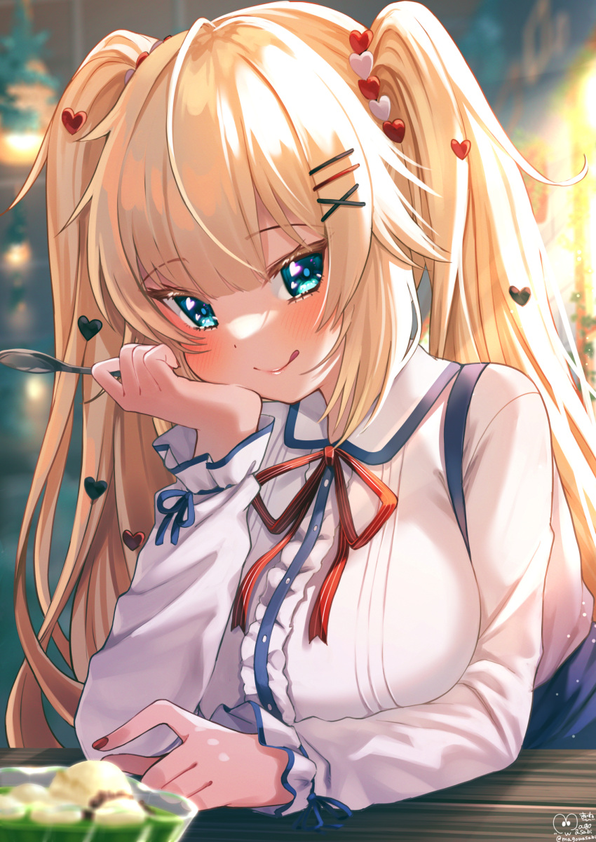 1girl :q akai_haato aqua_eyes bangs blonde_hair blurry blurry_background blurry_foreground blush breasts commentary_request depth_of_field eyebrows_visible_through_hair hair_ornament hairpin hand_on_own_cheek hand_on_own_face head_rest heart heart_hair_ornament highres holding holding_spoon hololive large_breasts long_hair long_sleeves looking_at_viewer magowasabi nail_polish red_nails red_ribbon ribbon shirt signature smile solo spoon tongue tongue_out twintails twitter_username upper_body virtual_youtuber white_shirt x_hair_ornament