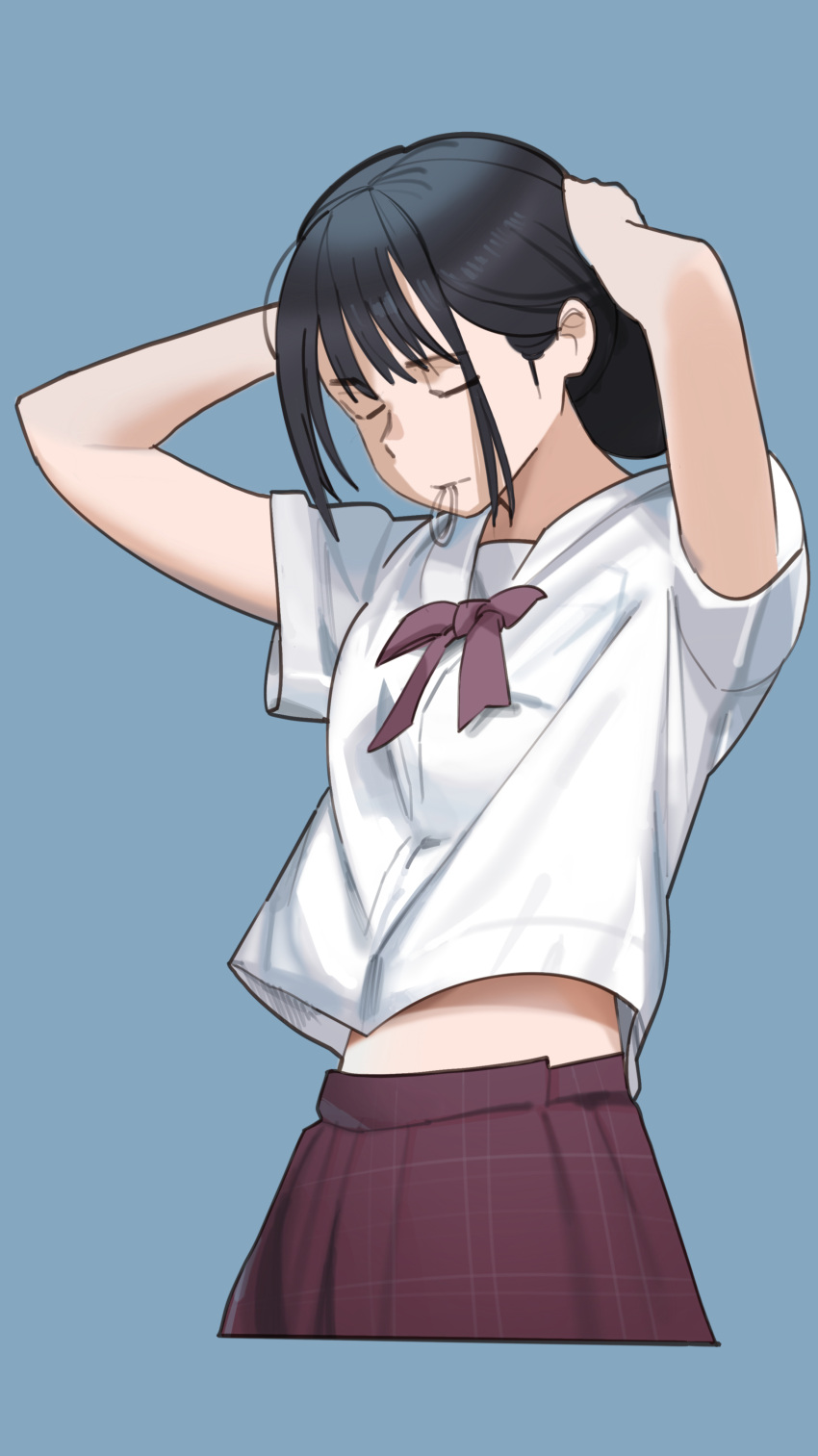 1girl absurdres arms_up bangs black_hair blue_background breasts brown_skirt closed_eyes closed_mouth eyebrows_visible_through_hair hair_tie hair_tie_in_mouth highres kasa_list mouth_hold original sailor_collar school_uniform serafuku shirt simple_background skirt small_breasts solo white_sailor_collar white_shirt
