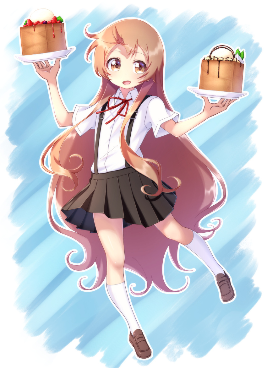 1girl :d bangs black_skirt blue_background brown_eyes brown_footwear brown_hair collared_shirt commentary_request food food_request fruit full_body hands_up highres holding holding_plate kneehighs light_blush loafers long_hair looking_at_viewer neck_ribbon oomuro-ke oomuro_hanako open_mouth outline plate pleated_skirt pontasu red_neckwear red_ribbon ribbon school_uniform shirt shirt_tucked_in shoes skirt smile solo strawberry suspender_skirt suspenders two-tone_background very_long_hair white_background white_legwear white_outline white_shirt yuru_yuri