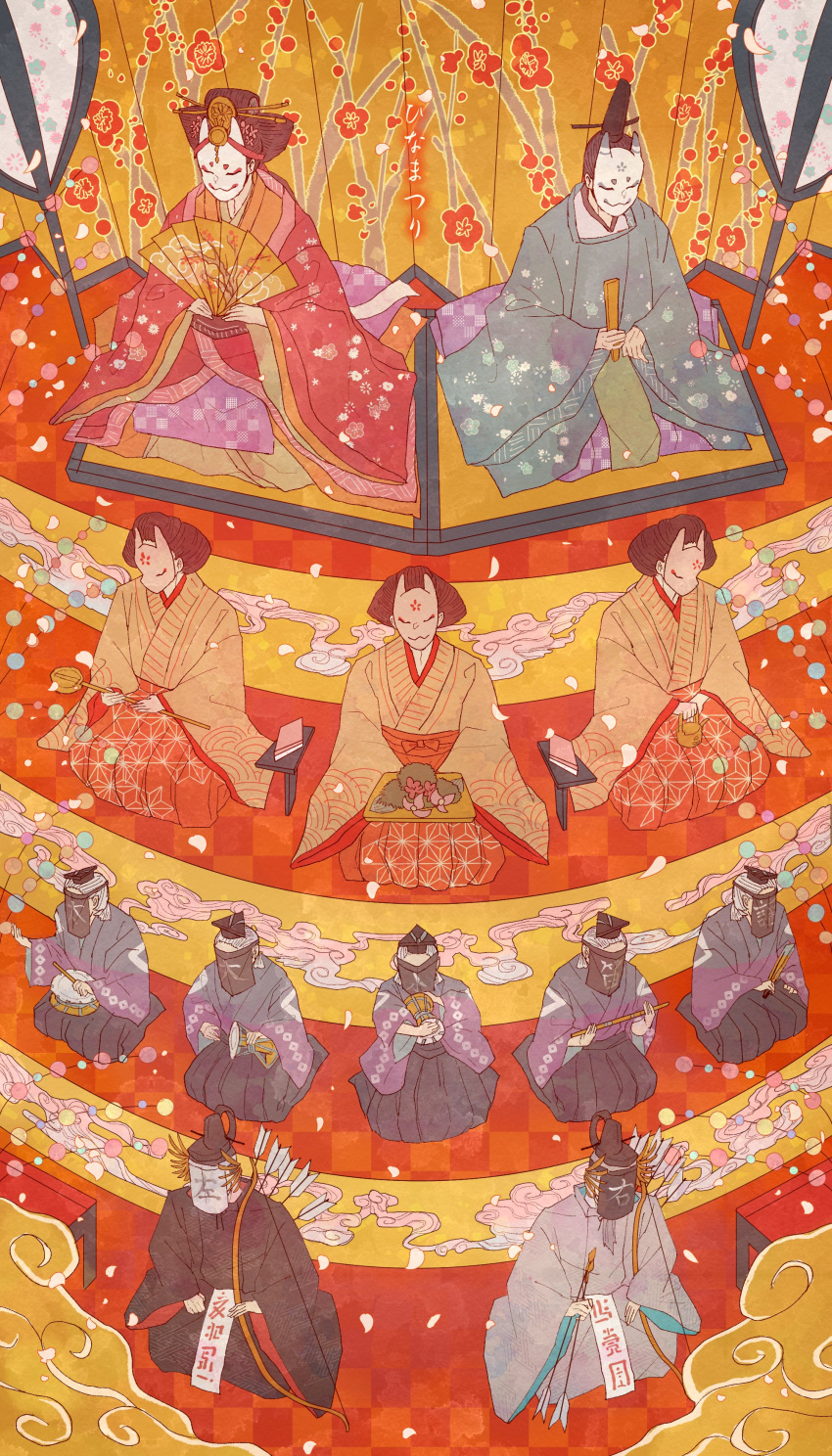 4girls 6+boys absurdres arrow_(projectile) black_hair black_hakama blue_kimono bow checkered clothing_request cloud_print covered_face fan floral_print folding_fan hakama highres hinamatsuri hishaku holding holding_arrow holding_ladle holding_tray holding_watering_can instrument_request japanese_clothes kimono ladle layered_clothing layered_kimono long_hair long_sleeves multiple_boys multiple_girls nihongami orange_hakama orange_kimono original print_kimono red_kimono seiza short_hair sitting sleeves_past_wrists translation_request tray unmoving_pattern watering_can white_hair white_mask wide_sleeves yagate149