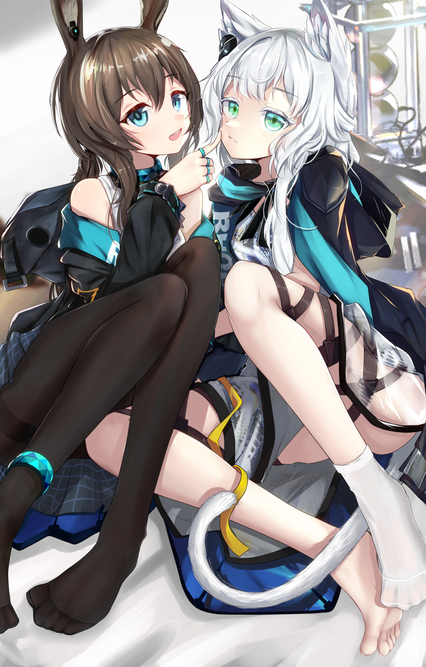 2girls :d absurdres amiya_(arknights) animal_ears arknights bare_legs bare_shoulders barefoot black_jacket black_legwear blue_eyes blue_skirt blush brown_hair cat_ears cat_girl cat_tail cheek_poking dress earpiece expressionless finger_to_another's_cheek frown full_body green_eyes hair_between_eyes highres hood hood_down hooded_jacket infection_monitor_(arknights) jacket knees_together knees_up leg_ribbon legs light_blue_eyes long_hair looking_at_viewer mixed-language_commentary multiple_girls multiple_rings nopetroto off_shoulder open_mouth pantyhose plaid plaid_skirt pleated_skirt poking profile rabbit_ears rabbit_girl ribbon rosmontis_(arknights) see-through silver_hair single_sock sitting skirt smile socks tail thighs upper_teeth upskirt white_dress white_hair