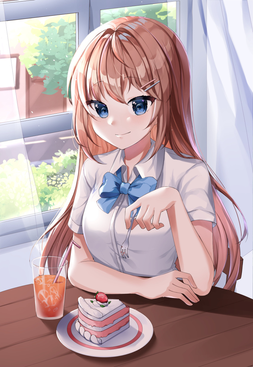 1girl absurdres blue_bow blue_eyes blue_neckwear blush bow bowtie brown_hair building cake cake_slice closed_mouth collared_shirt cup curtains food fork grass hair_ornament hairclip highres holding holding_fork long_hair looking_at_viewer original plate reha_r_h school_uniform shirt short_sleeves sitting smile solo table tree white_shirt window