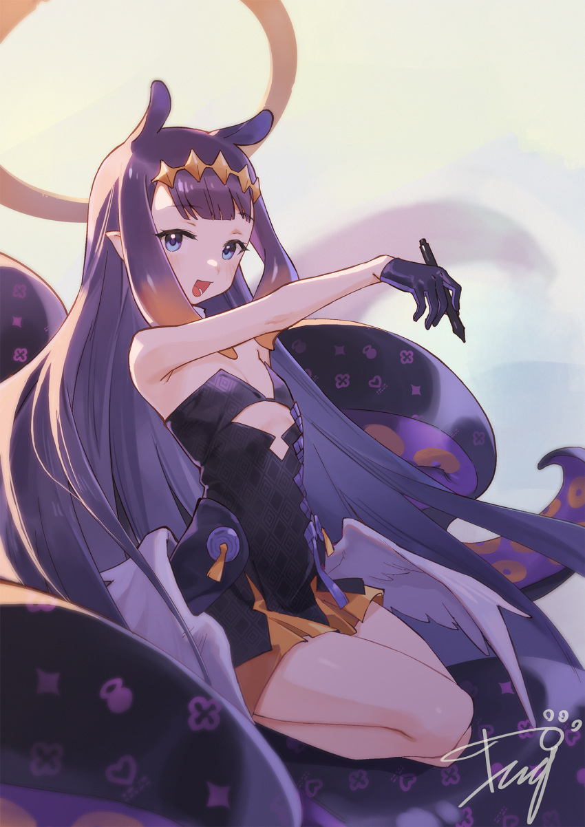 1girl :d animal_ears bangs black_dress black_gloves blue_eyes blunt_bangs blurry commentary_request depth_of_field dress eyebrows_visible_through_hair feathered_wings flat_chest gloves halo headpiece highres holding holding_stylus hololive hololive_english long_hair looking_at_viewer low_wings monster_girl ninomae_ina'nis open_mouth outstretched_arm pointy_ears print_dress purple_hair short_dress sidelocks signature smile solo strapless strapless_dress stylus tentacle_hair tentacles tugo very_long_hair virtual_youtuber white_background white_wings wings