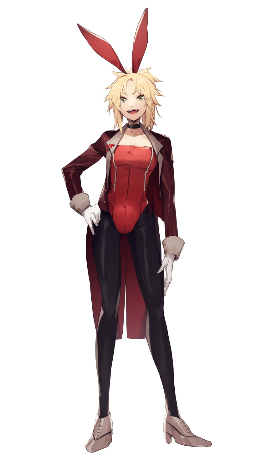 1girl absurdres alternate_costume animal_ears black_legwear blonde_hair breasts fake_animal_ears fate/grand_order fate_(series) full_body gloves green_eyes highres jacket leotard long_sleeves mordred_(fate) mordred_(fate)_(all) no-kan open_clothes open_jacket pantyhose ponytail rabbit_ears red_jacket red_leotard small_breasts solo standing white_gloves