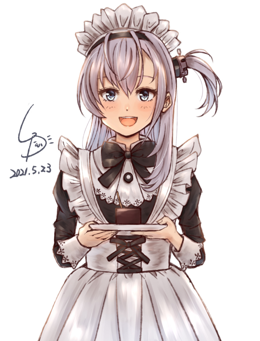 1girl alternate_costume apron artist_logo black_dress commentary_request dated dress enmaided frilled_apron frills grey_eyes highres kantai_collection ld_(luna_dial398) long_hair looking_at_viewer maid maid_headdress one-hour_drawing_challenge one_side_up open_mouth plate round_teeth silver_hair simple_background smile solo suzutsuki_(kancolle) teeth upper_teeth white_apron white_background