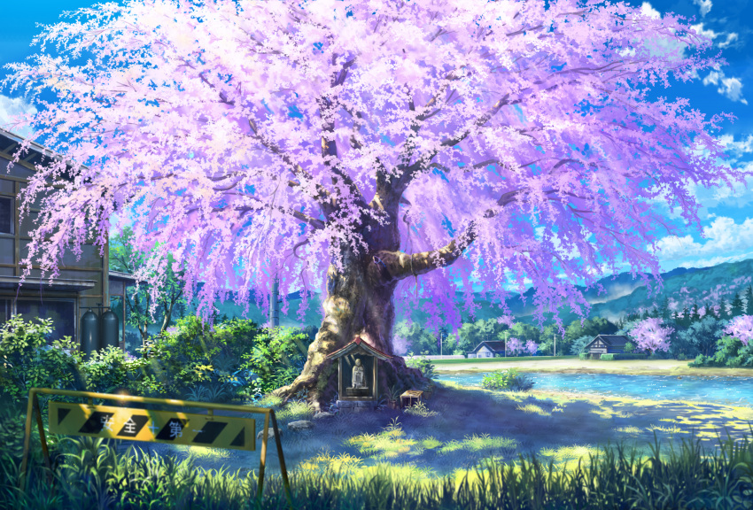 blue_sky cherry_blossoms clouds commentary_request crate day grass hedge_(plant) highres house lake mikannokawa7008 mountain mountainous_horizon original outdoors plant potted_plant power_lines scenery sky stepping_stones tree utility_pole water
