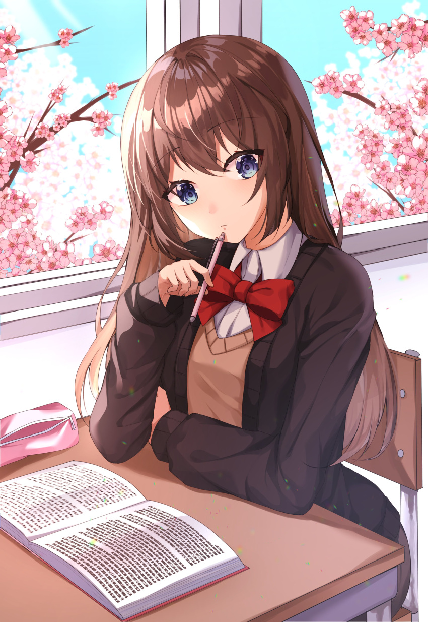 1girl absurdres black_shirt blue_eyes blue_sky book bow bowtie brown_hair chair cherry_blossoms closed_mouth collared_shirt desk flower head_tilt highres holding holding_pencil indoors long_hair long_sleeves looking_at_viewer original pencil pencil_case pink_flower red_bow red_neckwear reha_r_h school_uniform shirt sitting sky solo tree vest white_shirt window