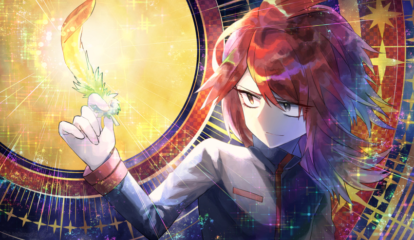 1boy ahoge blue_hair closed_mouth feathers grey_eyes heterochromia high_collar highres holding holding_feather jacket male_focus multicolored_hair pokemon pokemon_(game) pokemon_hgss pokemon_masters_ex rainbow red_eyes redhead short_hair silver_(pokemon) smile solo two-tone_hair yamanashi_taiki